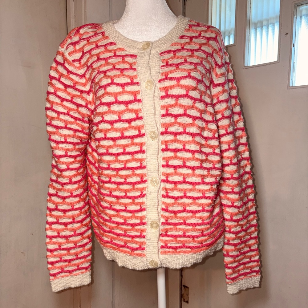 Appleseed’s Textured Knit Cardigan L Coral Cream Cottagecore Chic